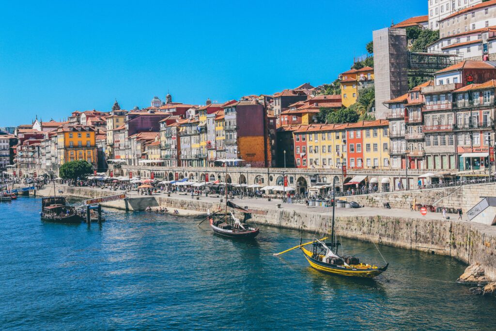 Colorful Porto riverfront in warm weather